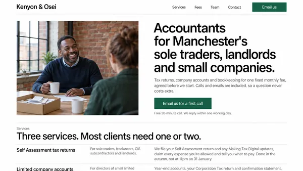 AI design concept for an accounting practice website, Kenyon & Osei in Manchester: a client meeting photo, a button to email for a first call and the three services, on a desktop and a phone.