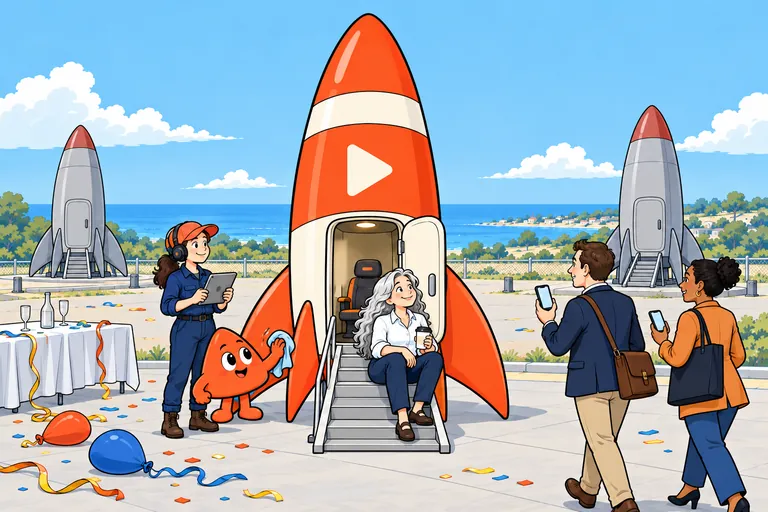 The morning after the launch party: streamers and balloons lie on the field and two other rockets stand deserted, while a Playcode engineer checks her rocket, Play polishes a fin and the first customers walk up with their phones. She sits on the steps with a coffee.