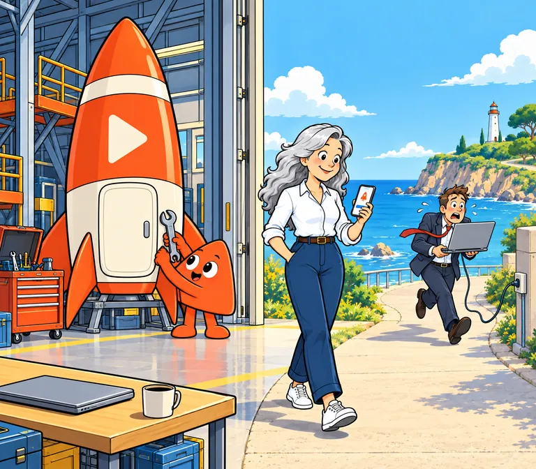 Play keeps working on a rocket while a woman walks by the sea with her phone. A man in a suit hurries past, his laptop on a long cable.