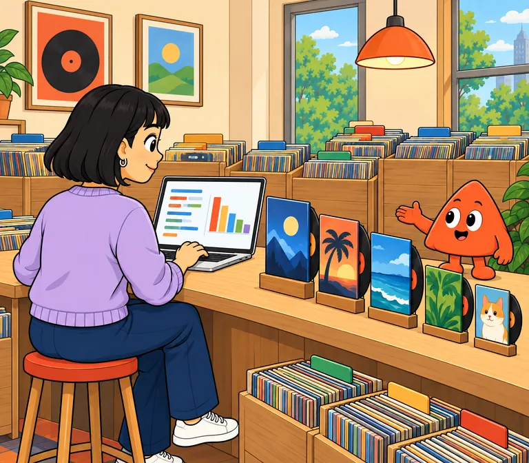 レコード店で、アナリストのノートパソコンには小さな棒グラフ。Playはカウンターに背の高い順に並べた5枚のレコードを紹介しています。
