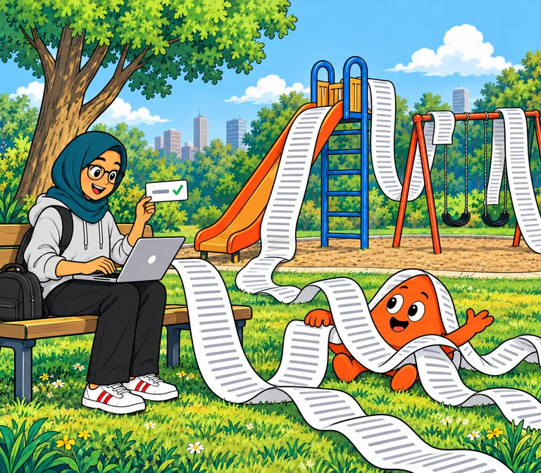 An enormously long paper scroll of error lines winds round a playground with Play tangled in it; its end reaches the student’s laptop on a bench, and she holds up the short card that came out: one line and a green tick.