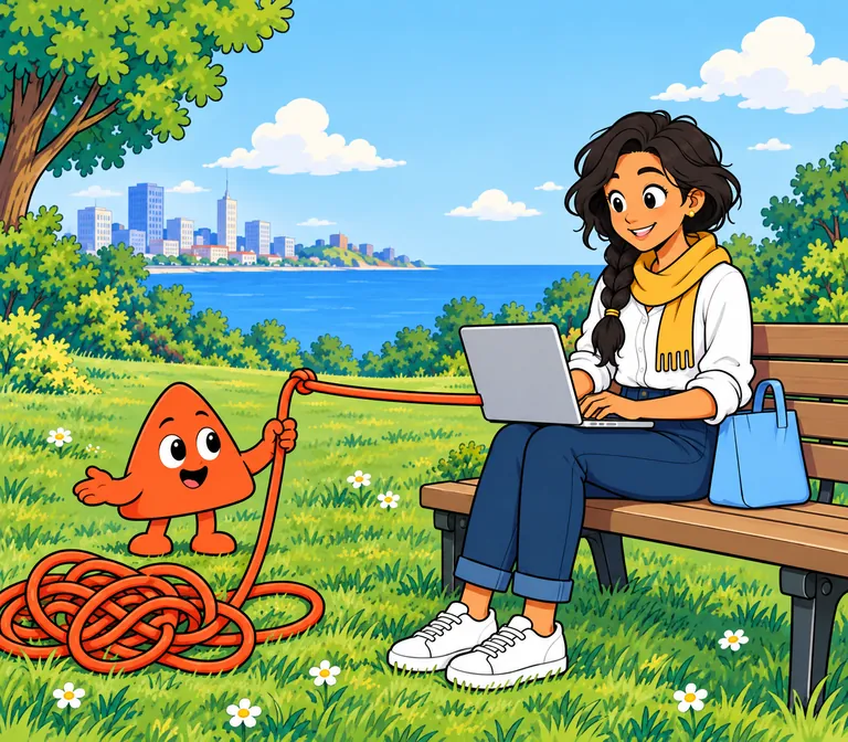 In a park by the sea the student works on a bench; a jump rope lies tangled on the grass, and Play holds up the end that runs straight to her laptop.