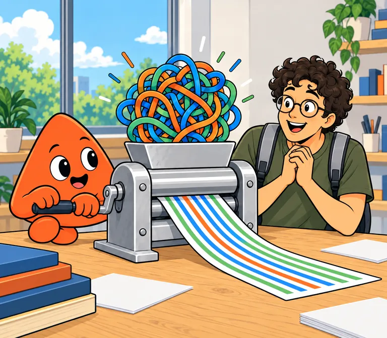 Play turns the crank of a wringer that takes in a tangled knot of coloured lines and lets out a neat striped ribbon, as the young developer smiles with relief.
