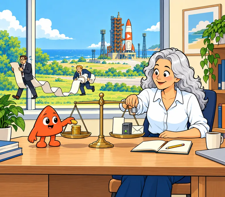 At her desk the builder balances a stack of coins against a page, a small server and an envelope while Play adds a coin; outside, a suit reads an enormously long receipt.