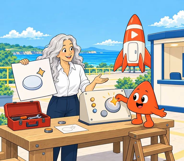 At a workbench, she holds up a sketch of a button with a spark, and Play fits a glowing spark into the big button on a panel.