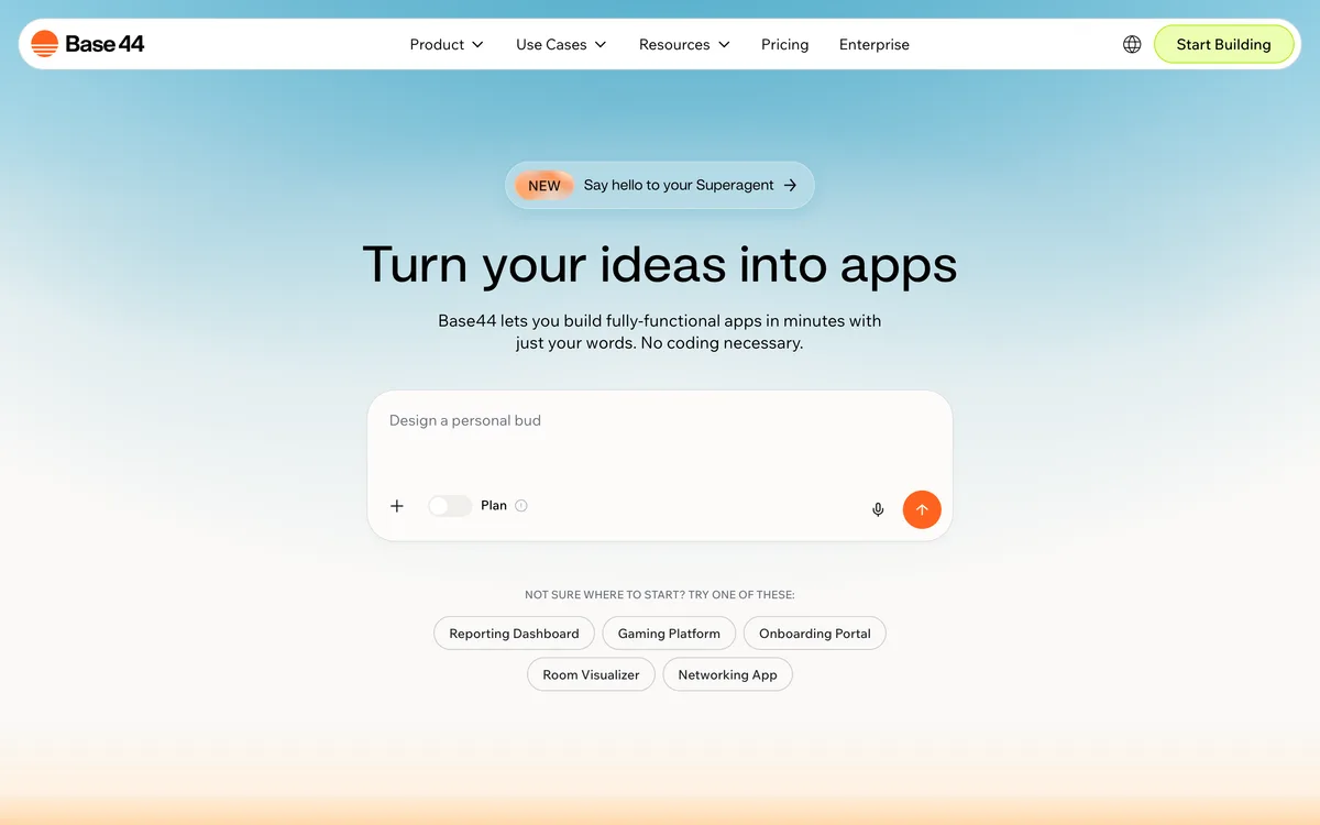 Base44 homepage, May 2026