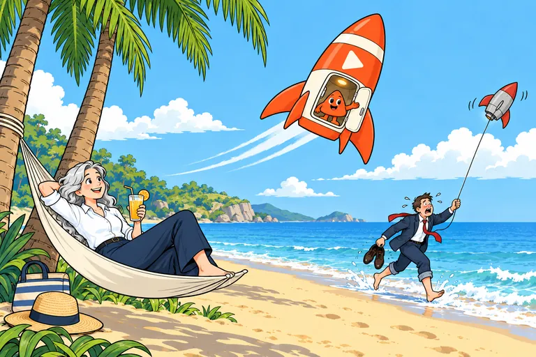 She relaxes in a hammock on the beach while her rocket flies steadily over the sea, Play waving from its door. Along the waterline a man in a suit runs with his own small rocket on a string, like a kite.