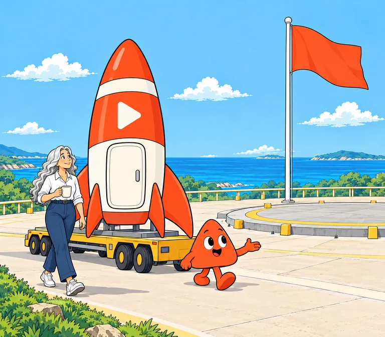 Her rocket rolls on a low transporter toward an empty launch pad where her orange flag already flies. Play walks ahead showing the way, and she follows with a mug of coffee.