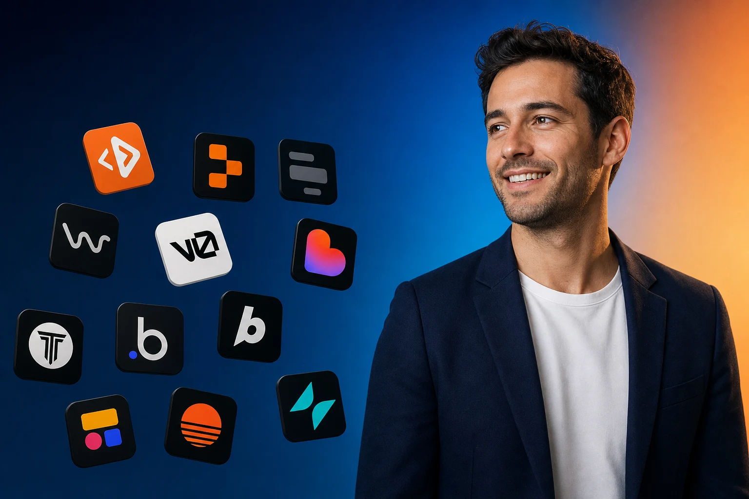 The 13 AI app builders covered in this guide (Playcode, Replit, Cursor, Windsurf, Retool, v0 by Vercel, Lovable, Tempo Labs, Bubble, Bolt.new, Softr, Base44, Glide) shown as floating product logos next to the reviewer