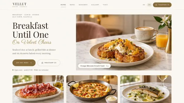 AI design concept for a bistro website, Vellut in Valencia: a breakfast photo, three dishes with prices and a WhatsApp button, on a desktop and a phone.