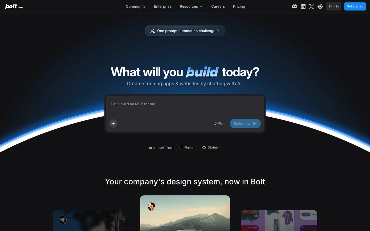 Historical Bolt.new homepage captured in May 2026
