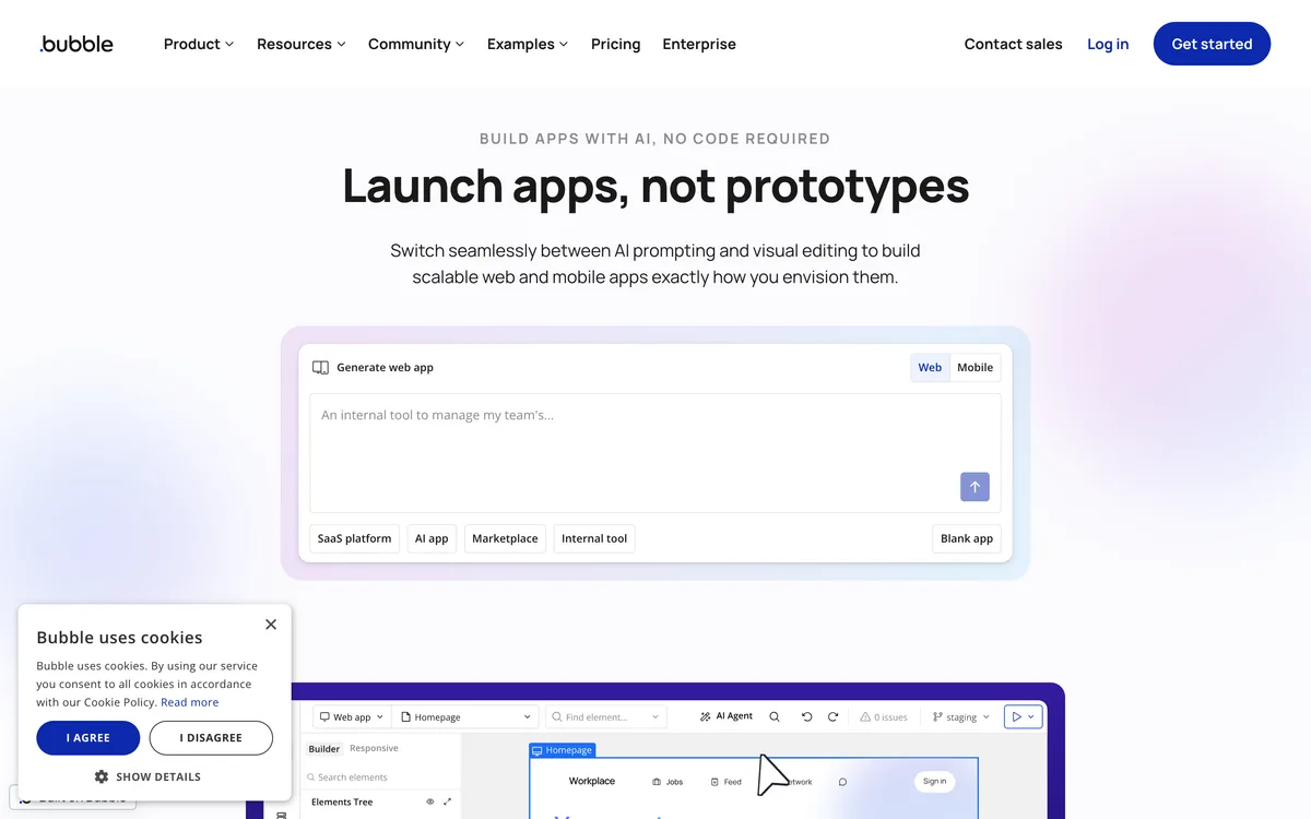 Bubble homepage, May 2026