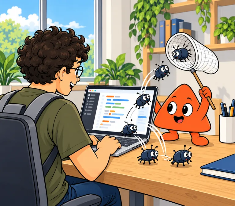 Little cartoon bugs scurry out of a laptop screen and Play catches them with a butterfly net, while the young developer laughs.