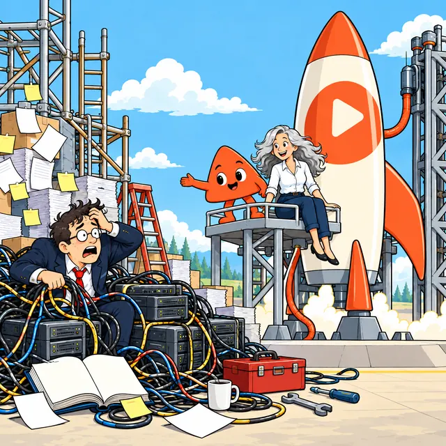 A man in a suit is tangled in cables and servers. Beside her finished rocket, a woman relaxes while Play waves him over.