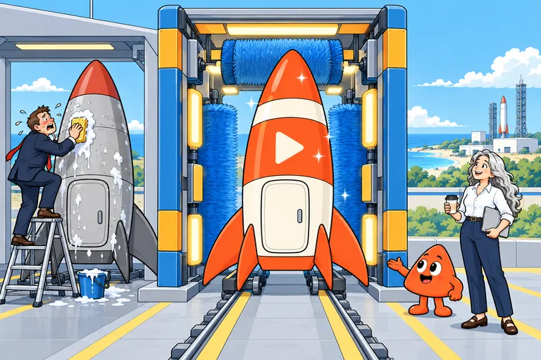 Her rocket rolls through a bright tunnel of friendly machines, like a car wash, while she waits with a coffee and Play presents it. Next door, a man in a suit scrubs his own rocket by hand from a stepladder.