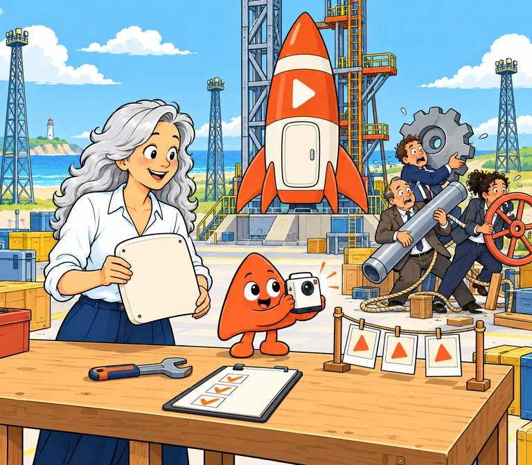 Play takes an instant photo of the rocket while the builder lifts one new panel beside a ticked checklist; behind them, three suits tangle in ropes carrying a gear, a pipe and a wheel at once.