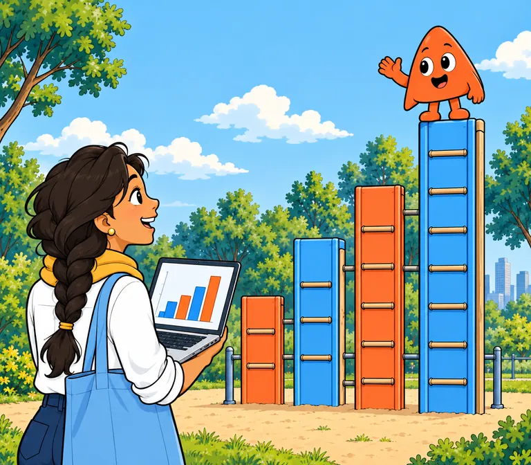 The bar chart on the student’s laptop stands in the playground as a climbing frame of bars, and Play waves from the top of the tallest one.