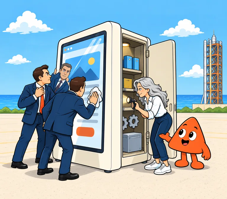 People in suits polish a website kiosk’s shiny screen while the builder opens its side door and checks the parts inside with a flashlight, Play beside her.