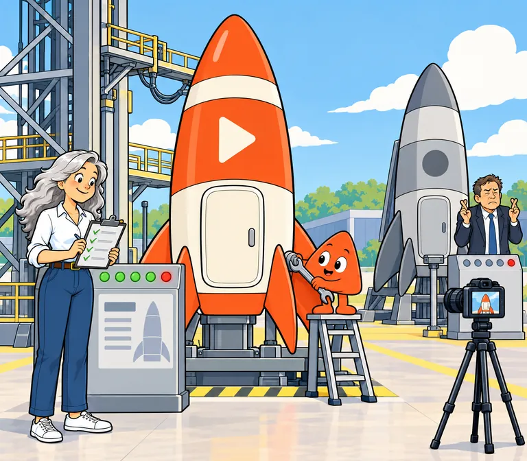 A test lamp shows red, so Play tightens a bolt on the rocket. Next door, a man in a suit only crosses his fingers.