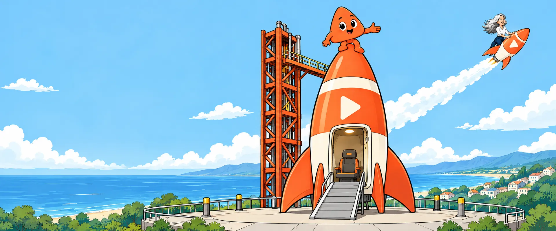 A rocket waits with its door open and an empty seat, and Play invites you in. High above, another rocket climbs away.
