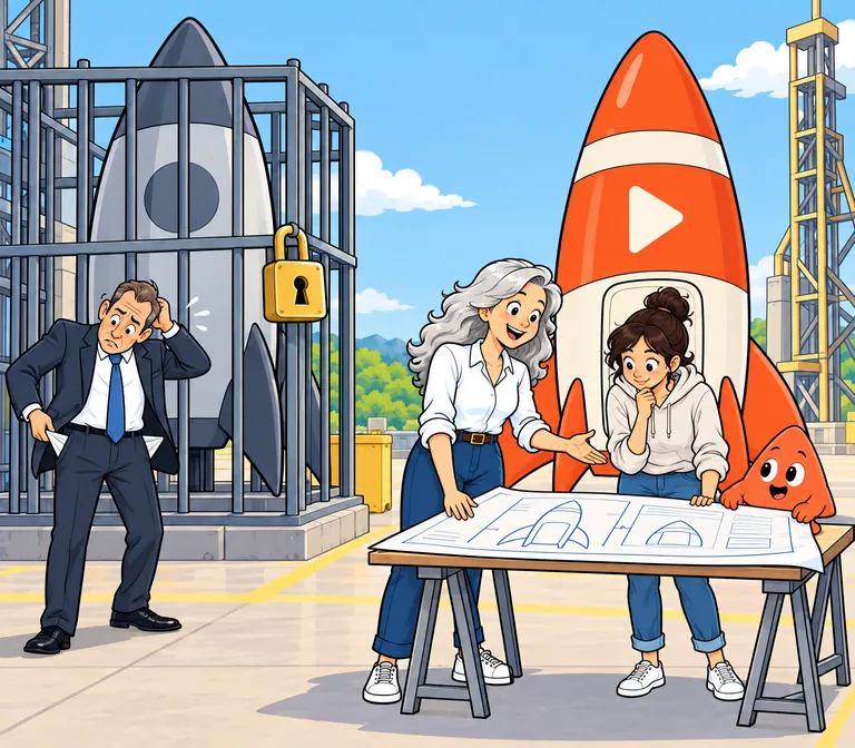 A woman unrolls her rocket's blueprints for a developer. Nearby, another rocket is locked in a cage.
