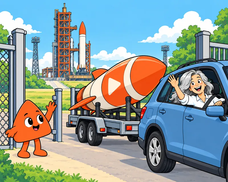 A woman drives out of the launch field towing her rocket, and Play waves goodbye at the gate.