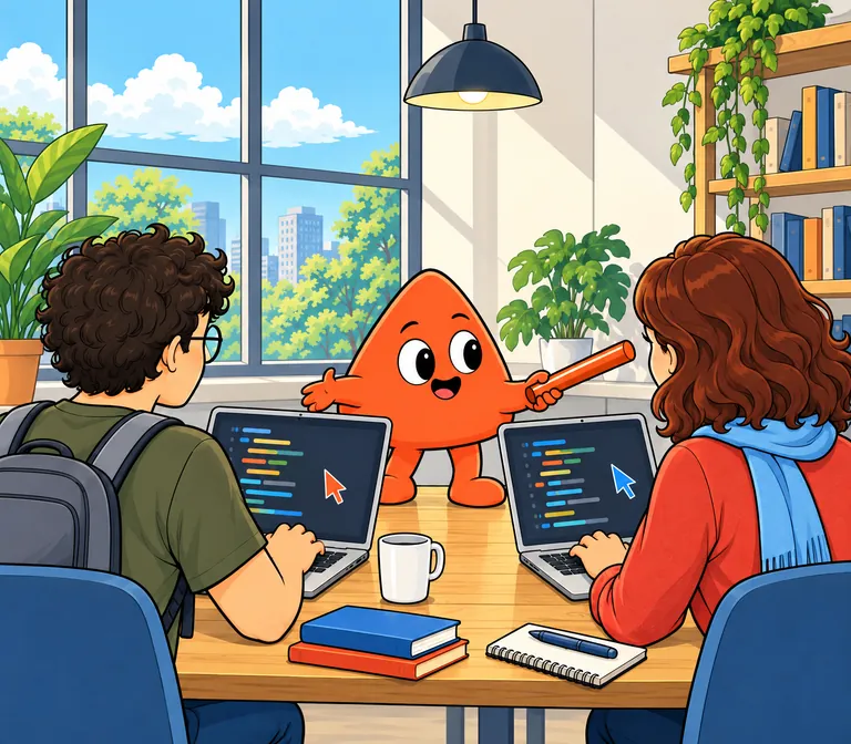 Two developers code side by side at a long table, the same code on both screens with two coloured cursors, while Play passes a baton between their laptops.