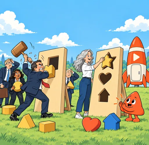 A man in a suit hammers a star into a square hole. Beside him, a woman's star drops straight into her own board, and Play cheers.