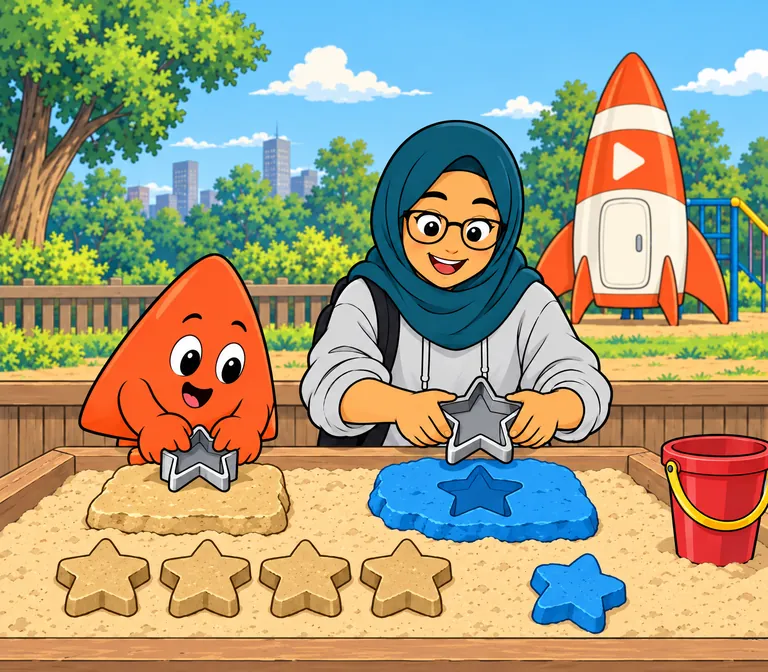 At a playground sand table Play presses a star-shaped cutter into wet sand beside a row of sand stars, and the student presses the same cutter into blue modelling clay.