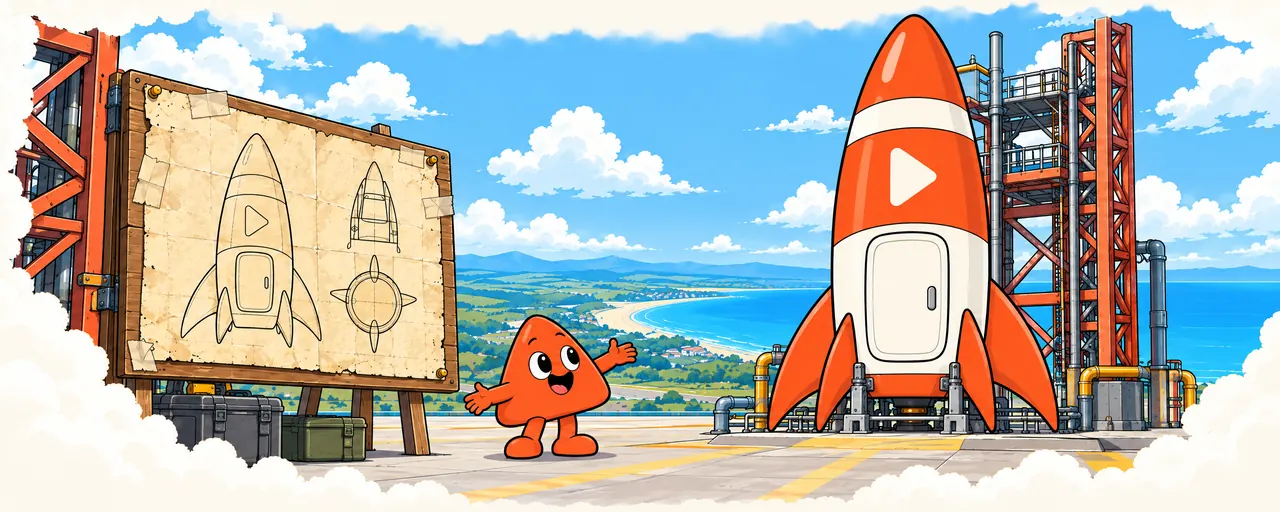 A patched old rocket blueprint beside the finished rocket, which Play presents with an open palm.