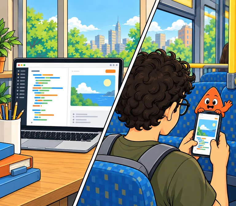 The same project on a laptop at a desk and on the young developer’s phone on a city bus, where Play peeks over the top of the phone and waves.