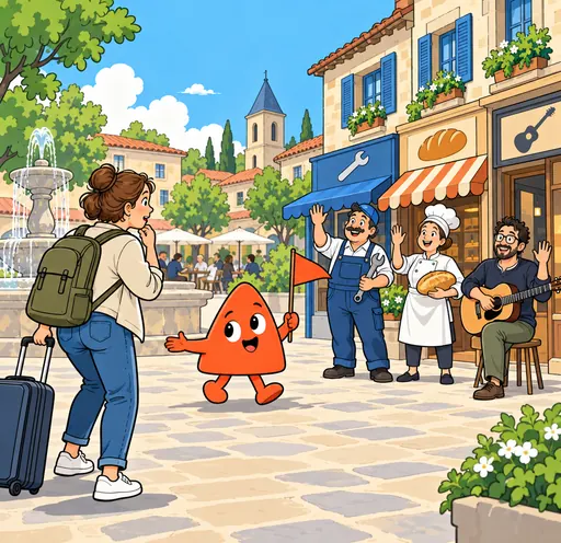 Play, a tour guide with a little flag, leads a newcomer with a suitcase to a plumber, a baker and a guitar teacher.