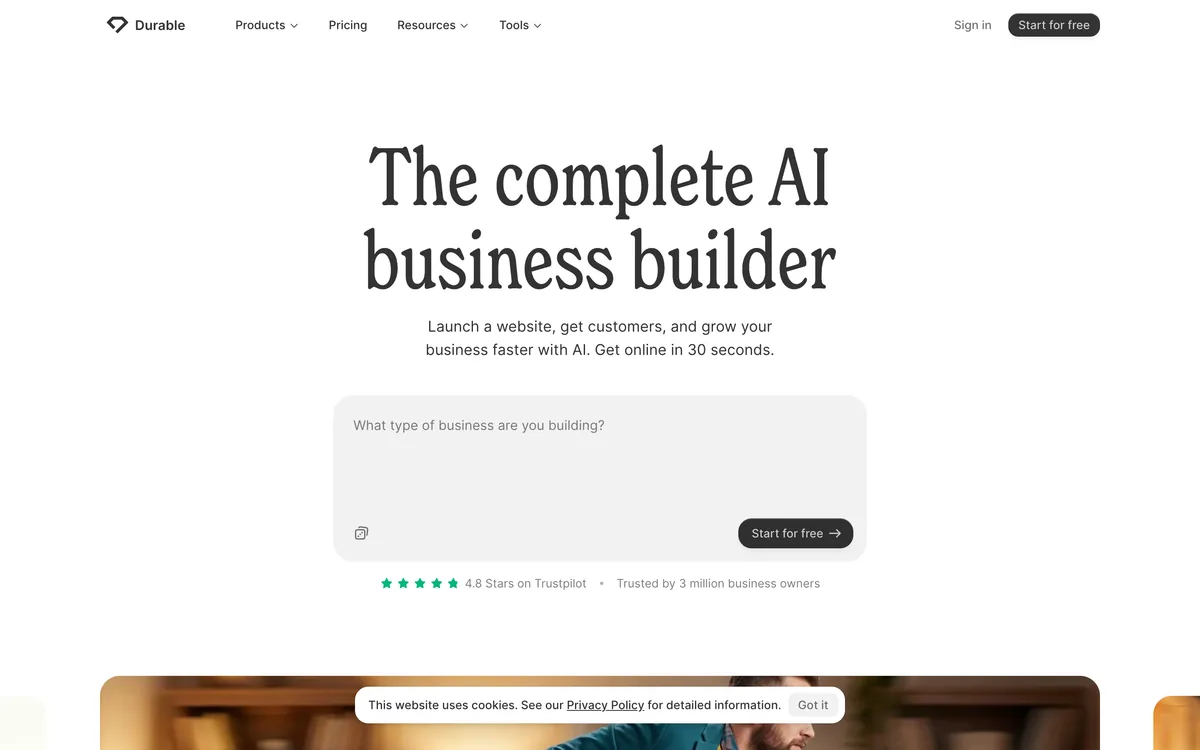 Historical Durable homepage captured in May 2026