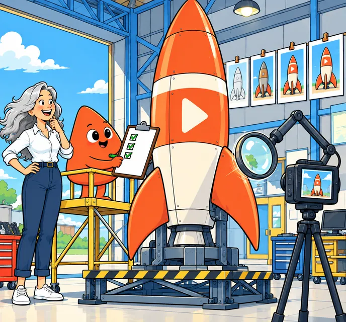 A camera and a magnifying glass inspect a rocket on its test stand while Play ticks a checklist.