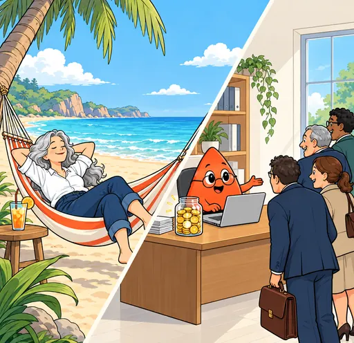 A woman relaxes in a beach hammock while, back in her office, Play in her glasses answers a line of clients.