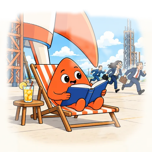 Play reads a thick book in a deck chair in the shade of the rocket.