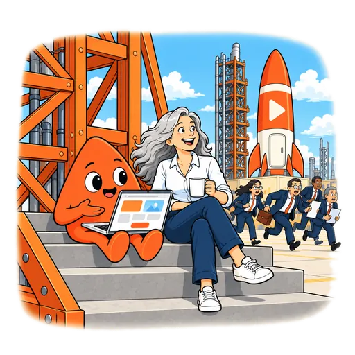 Play works on a laptop on the steps of the launch tower while a woman sits beside him with a coffee.