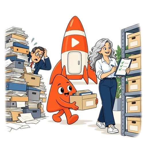 Play carries one box of files at a time from a wobbly heap of paperwork to a neat shelf.
