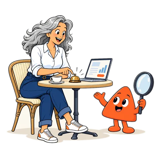 A woman taps a desk bell at a café table, and Play pops up with a magnifying glass.