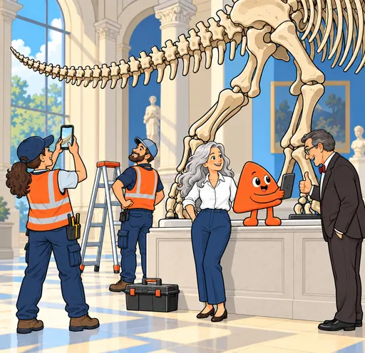 Installers finish a dinosaur skeleton in a museum. One photographs its tail, and Play shows the director the report on a tablet.
