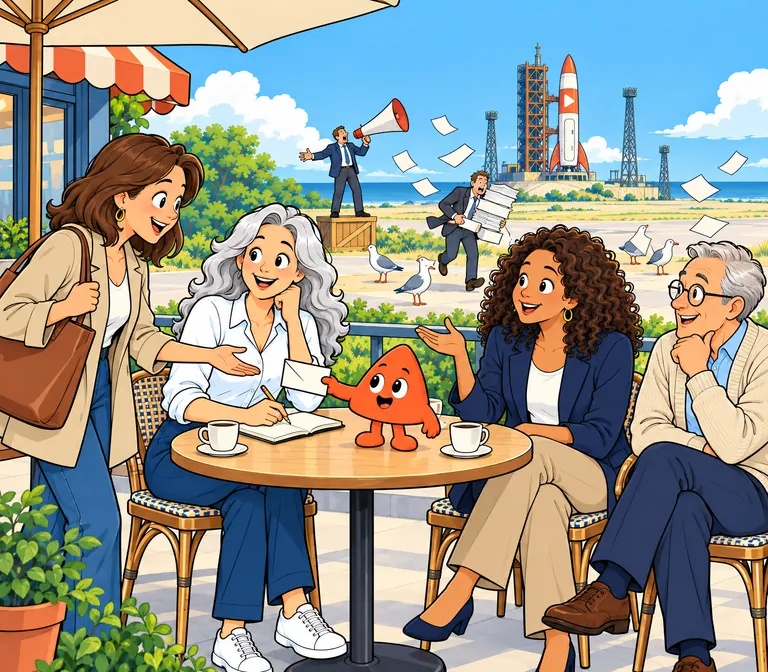 At a cafe table the builder takes notes while a recruiter tells her story and an older colleague listens; Play holds out an envelope to a passer-by, and a suit shouts into a megaphone at seagulls.