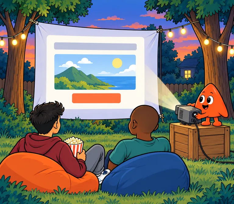 At an evening film night in the playground the student and a friend watch his web page projected on a sheet between two trees, and Play runs the projector.