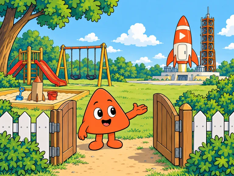 Play stands at the open gate of an old playground and presents what lies beyond it: a rocket ready on its launch pad.