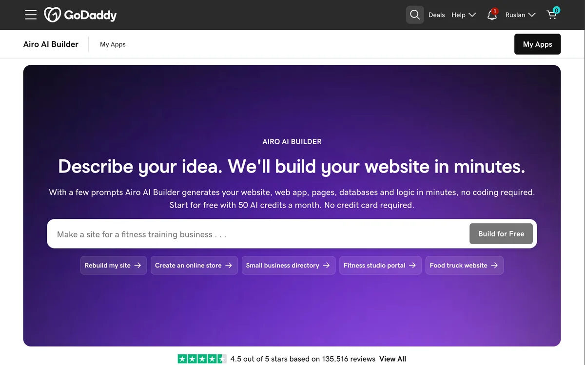 Historical GoDaddy Airo homepage captured in May 2026