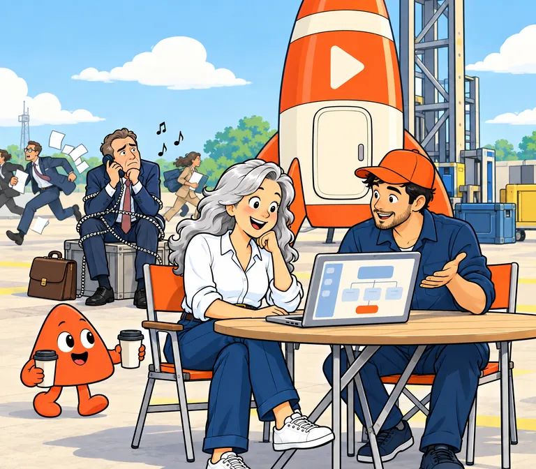 A Playcode engineer looks into a problem with a woman on her laptop. Behind them, a man in a suit waits on hold.