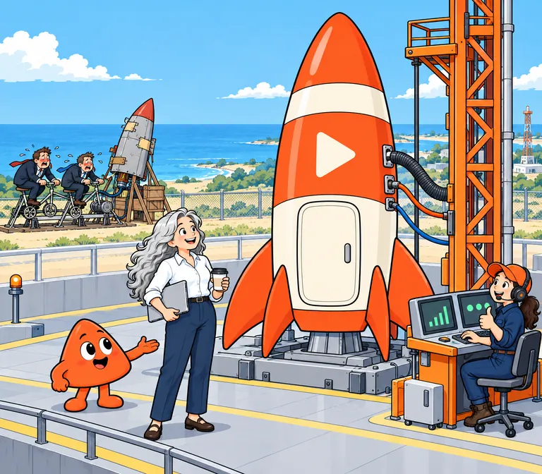 Play welcomes a woman to a tidy launch site where her rocket stands ready. Behind them, two people in suits pedal a bicycle to power a home-made rocket.