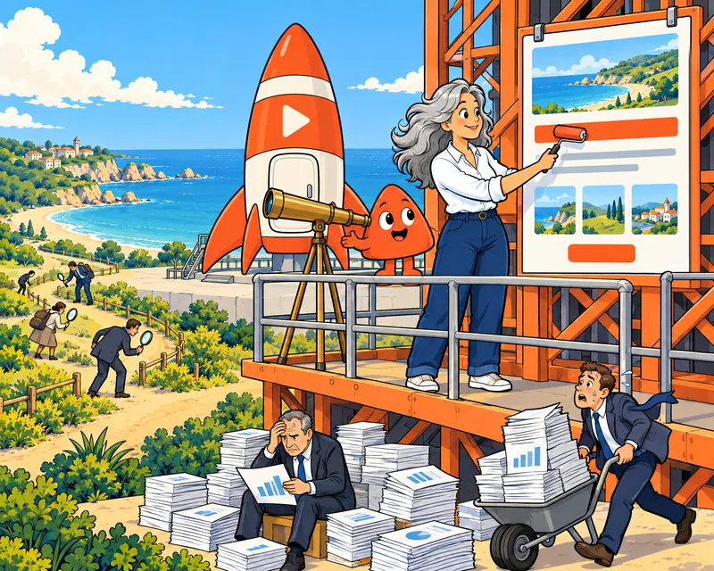 Play spots people searching, and a woman makes her website's heading clearer. Below, a man in a suit sits buried in printed reports.