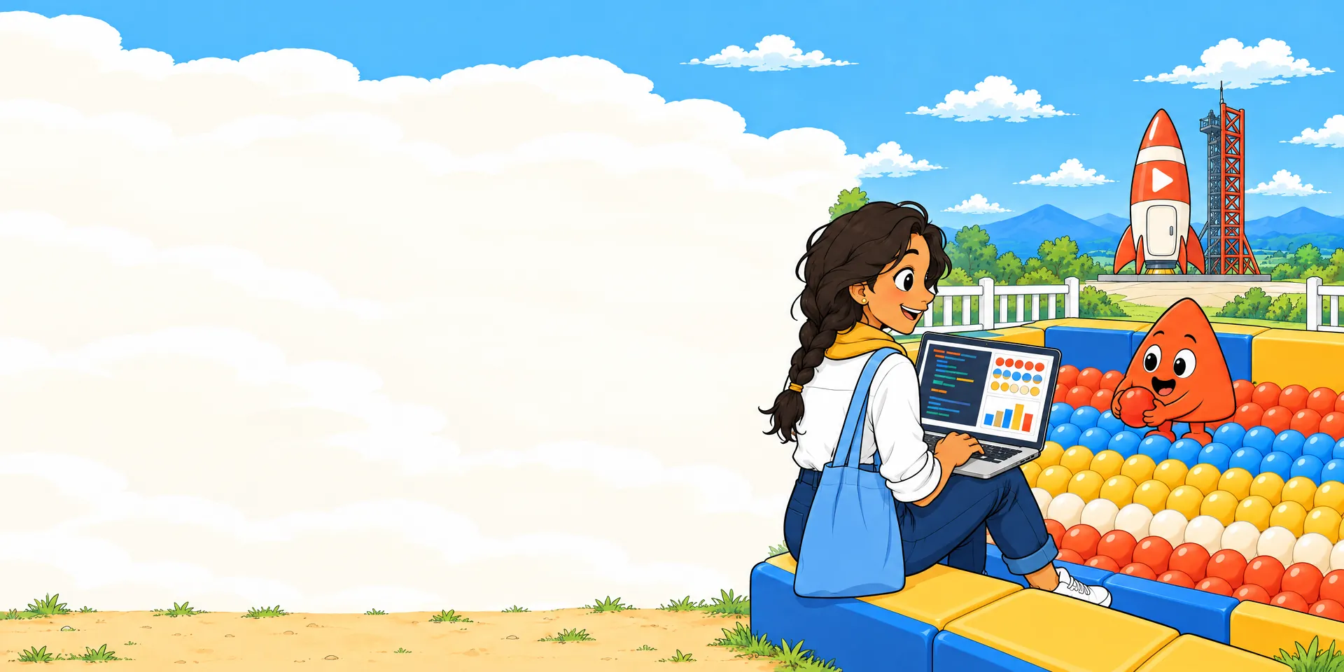 In a playground ball pit sorted into neat coloured stripes like a table, Play sets the last ball in place while a student on the edge looks up from her laptop, which shows the same table and a bar chart.