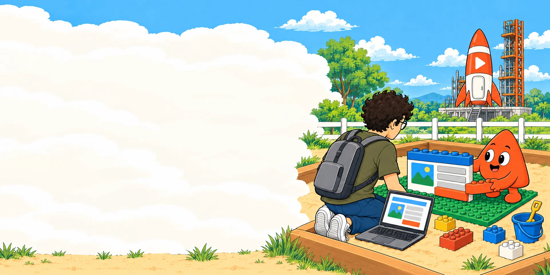 En el arenero de un parque infantil, un joven desarrollador y Play arman una app con grandes bloques de construcción sobre una base; Play encaja la última pieza, un botón naranja, y un cohete espera al otro lado de la cerca.