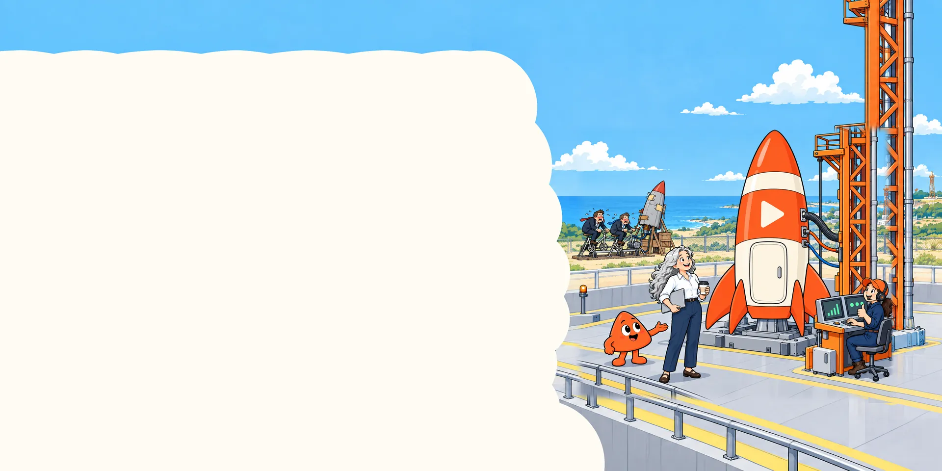 Play welcomes a woman to a tidy launch site where her rocket stands plugged in and ready, an engineer at the console. Behind them, two people in suits pedal bicycles to power a home-made rocket.